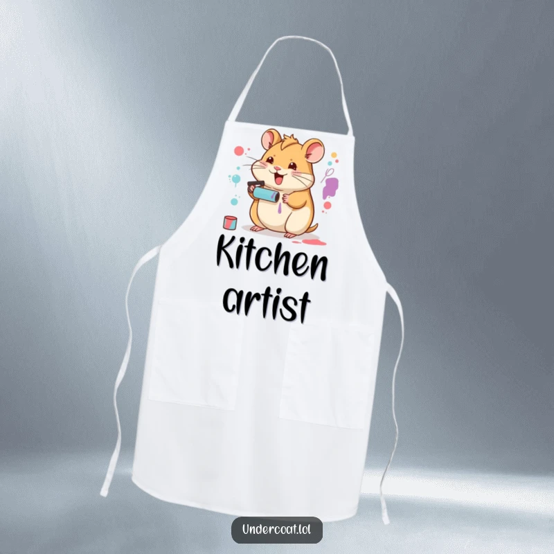 Funny Hamster Artist Apron depicting a happy hamster using a tiny paint roller to create art, protecting the artist.