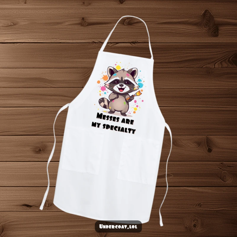 Funny raccoon apron featuring a joyful raccoon splattering vibrant paint with a brush, ideal for creative cooking adventures.