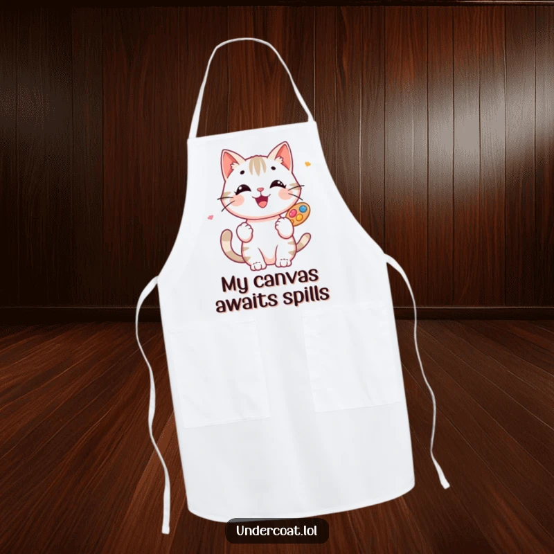 Funny Cat Artist Apron: A happy cat artist wears an apron, holding a palette of paints, ready to create in the kitchen or studio.