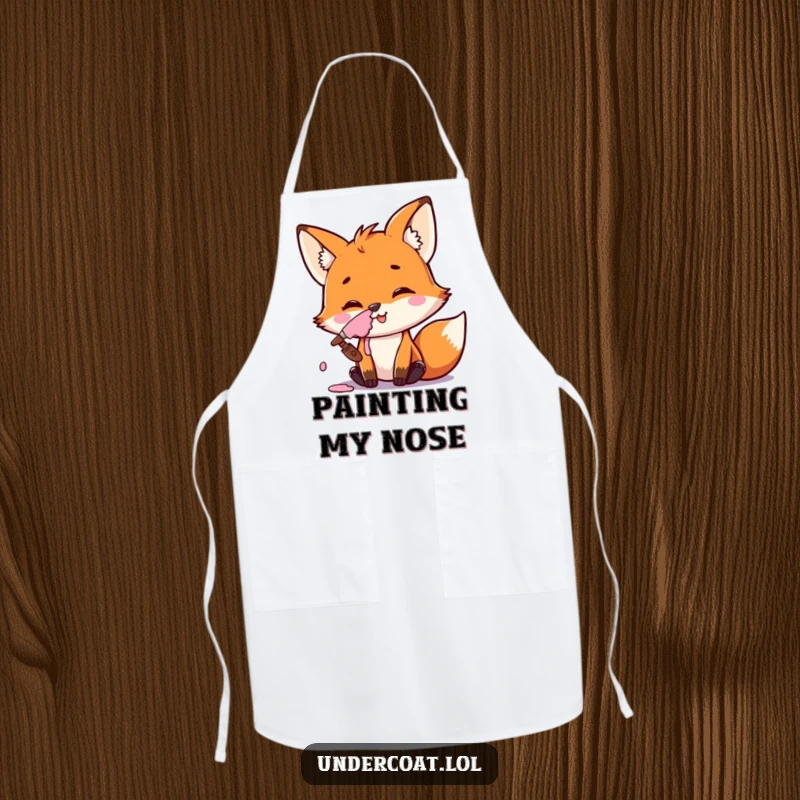 Funny Fox Artist Apron depicting a mischievous fox smiling, paint smeared on its nose, protecting the artist.