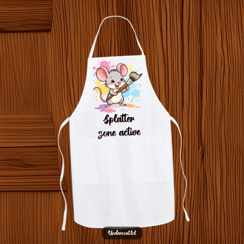 Funny mouse artist apron, a tiny mouse artist wielding a large paintbrush, splattering color, designed for messy activities.