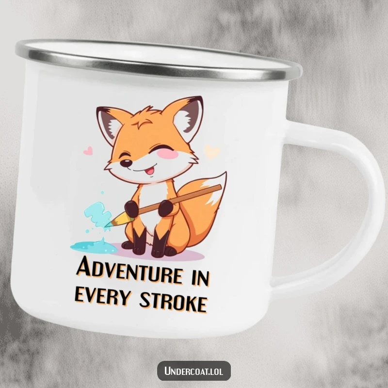 Funny Fox Painter Camping Mug: A giggling fox artist paints under the stars, using a giant brush, ready for campfire tales.