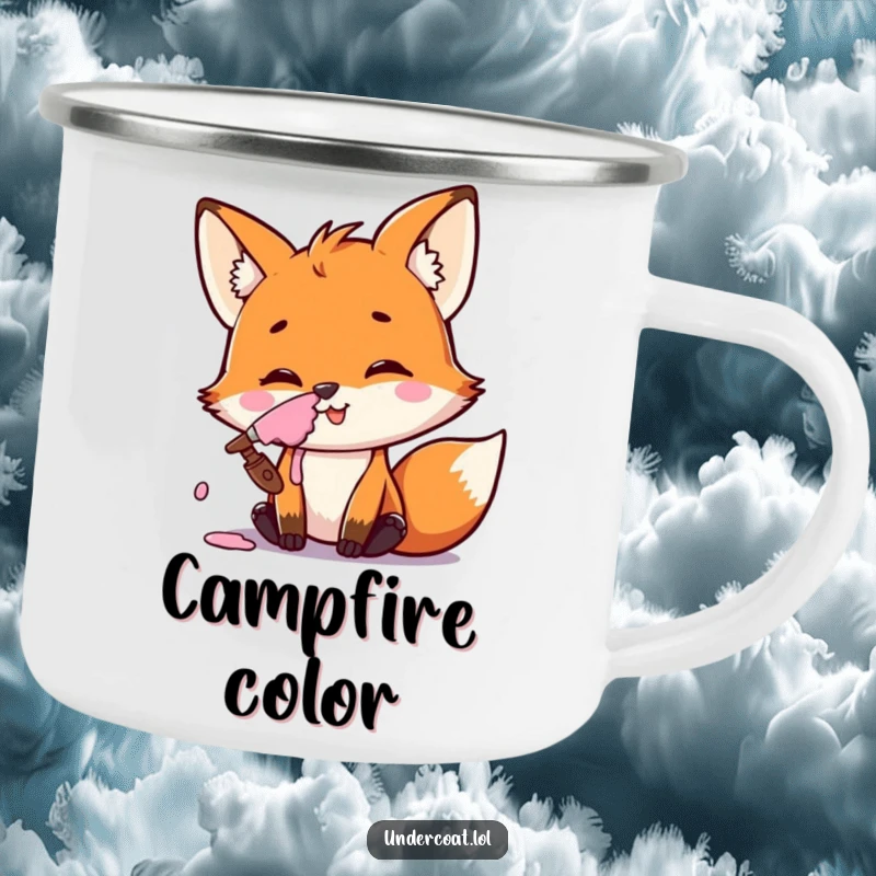 Funny Fox Artist Camping Mug showing a mischievous fox smiling with paint on its nose, ready for outdoor creativity.