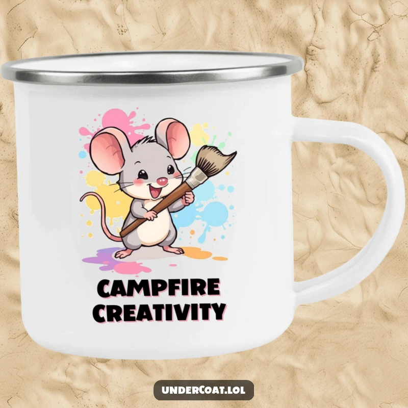 Funny mouse painter camping mug, a tiny mouse artist splattering paint, ready for outdoor adventures, durable and portable.