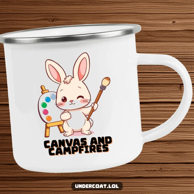 Funny Bunny Artist Camping Mug showing a curious bunny with a paintbrush and palette, perfect for outdoor art sessions.