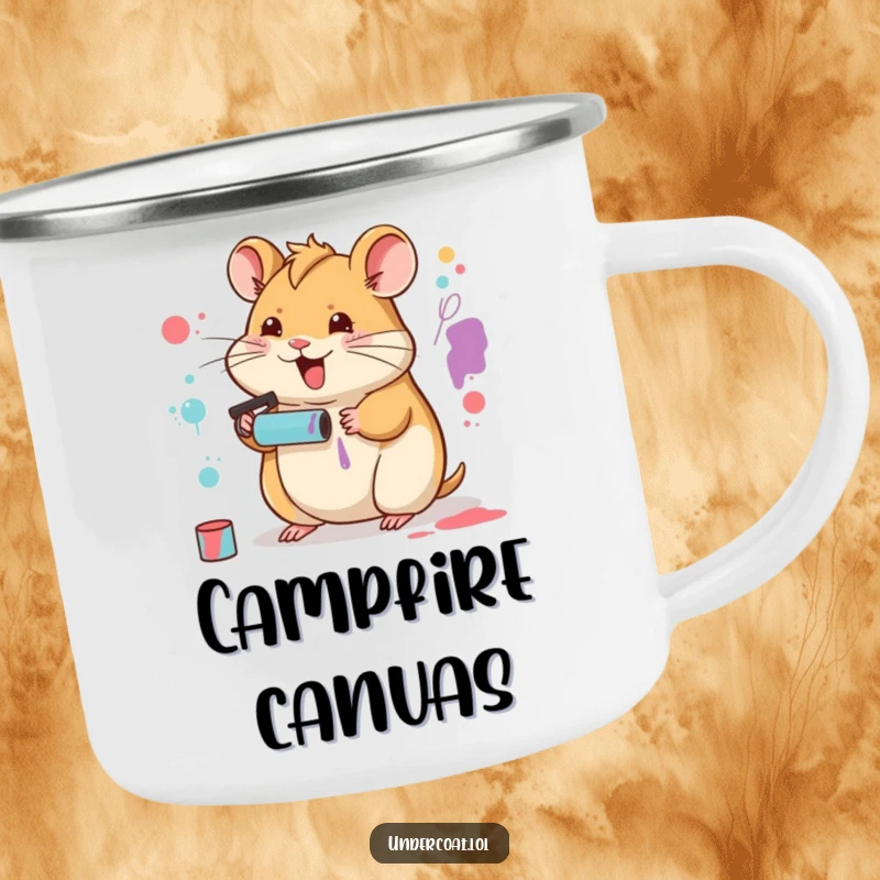 Funny Hamster Artist Camping Mug showing a happy hamster creating art with a tiny paint roller, ready for adventure.