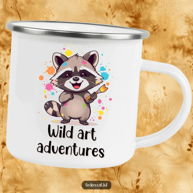 Funny raccoon camping mug with a joyful raccoon splattering vibrant paint with a brush, perfect for messy outdoor creativity.
