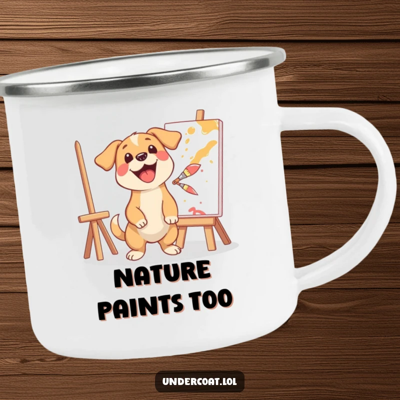 Funny camping mug showcasing a happy dog artist excitedly splashing paint, perfect for outdoor creativity and hot beverages.