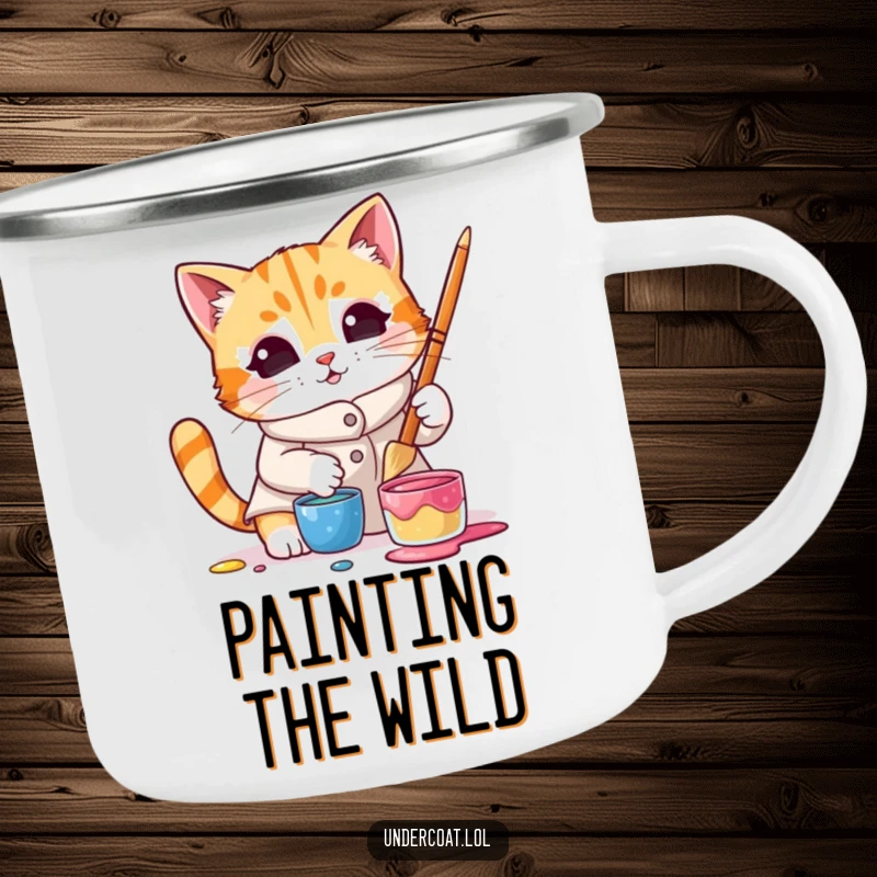 Funny camping mug showcasing a curious cat in a smock dipping a brush into paint, perfect for outdoor art and drinks.