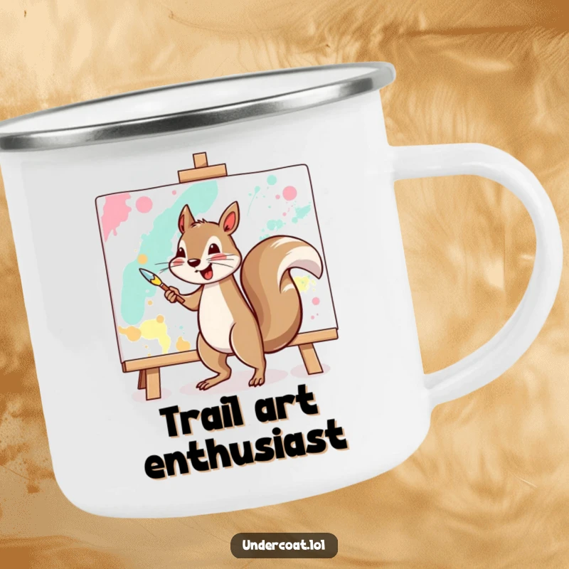 Funny squirrel camping mug with a cheerful squirrel vigorously painting a large abstract canvas, perfect for artistic outdoor trips.