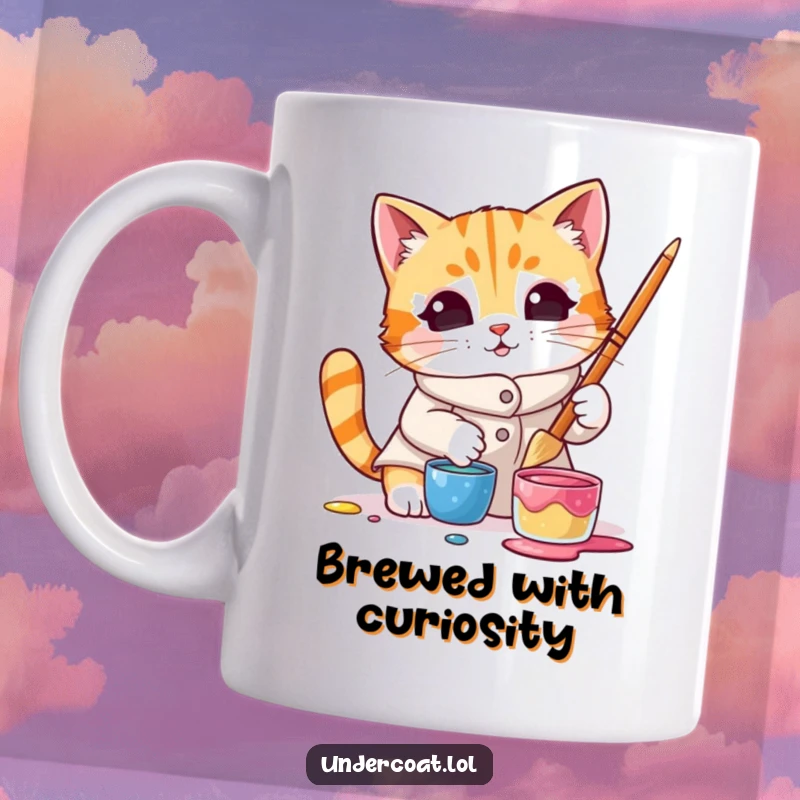 Funny mug featuring a curious cat in a smock dipping a brush into a colorful paint pot, showing intense artistic focus.