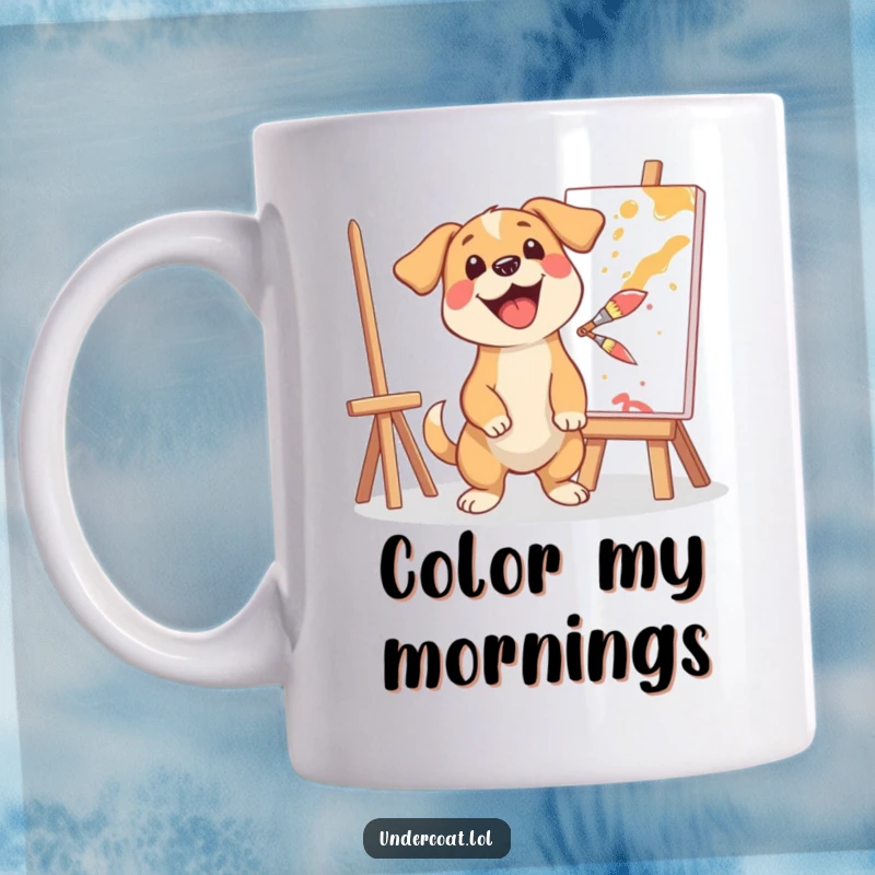 Funny mug showcasing a happy dog artist excitedly splashing paint from a brush onto a canvas, full of creative energy.