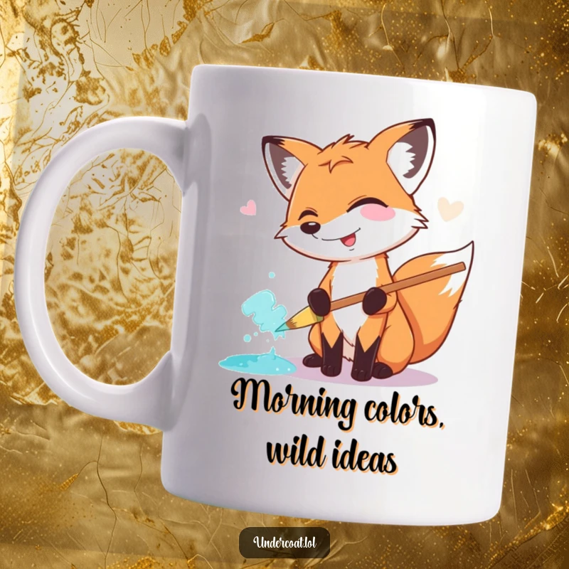 Funny Fox Painter Mug: A gleeful fox with a wide grin smears vibrant paint across a canvas using a comically oversized pastel brush.