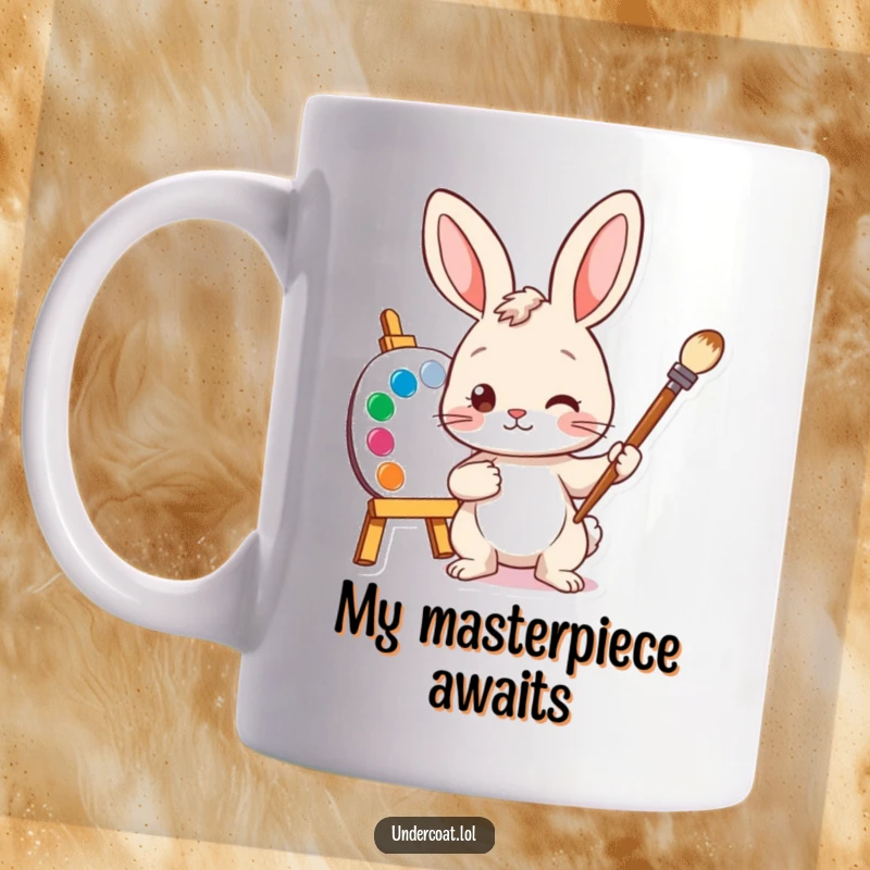 Funny Bunny Artist Mug with a curious bunny holding a paintbrush, looking at a colorful palette, ready to paint a masterpiece.