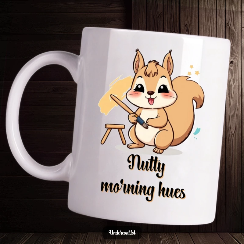 Funny mug showcasing a cheerful squirrel actively using a paintbrush to create a vibrant stroke on a canvas with excitement.