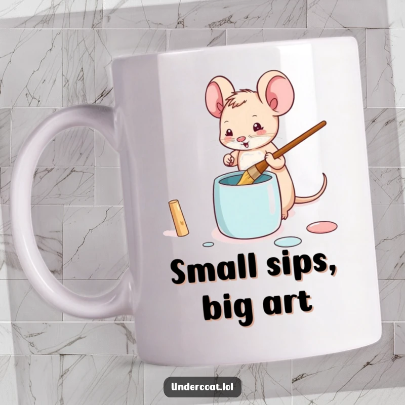 Funny mouse mug depicting a tiny mouse playfully dipping a brush into a paint pot, ready for artistic endeavors.