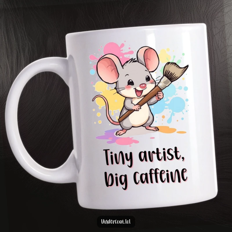 Funny mouse painter mug, a tiny mouse enthusiastically wielding a large paintbrush, splattering colorful paint, cheerful art.