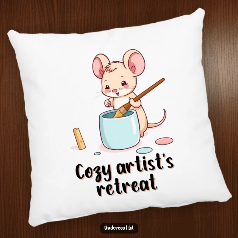 Funny mouse pillow with a tiny mouse playfully dipping a brush into a paint pot, perfect for cute comfort.