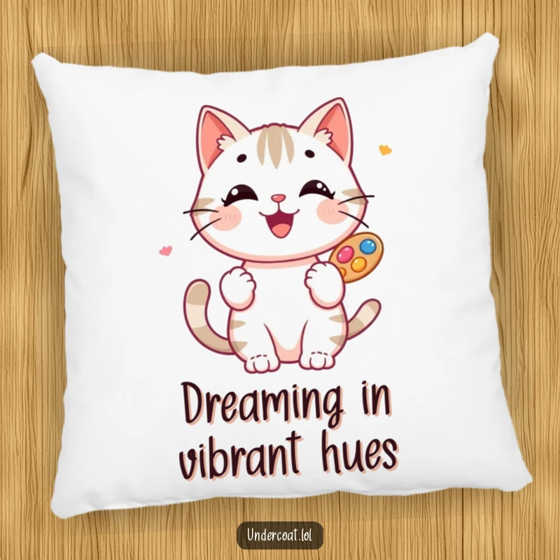 Funny Cat Artist Pillow: A happy cat artist dreams of painting, holding a palette of colorful paints while resting comfortably.