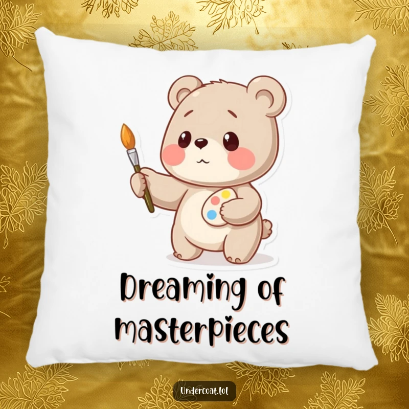 Funny bear artist pillow, a playful bear artist balancing art supplies with concentration, suitable for sofa or bed decor.