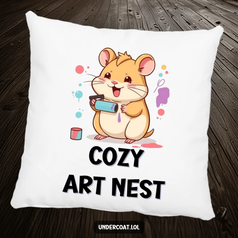 Funny Hamster Artist Pillow featuring a happy hamster creating abstract art with a tiny paint roller, adding whimsy to any space.