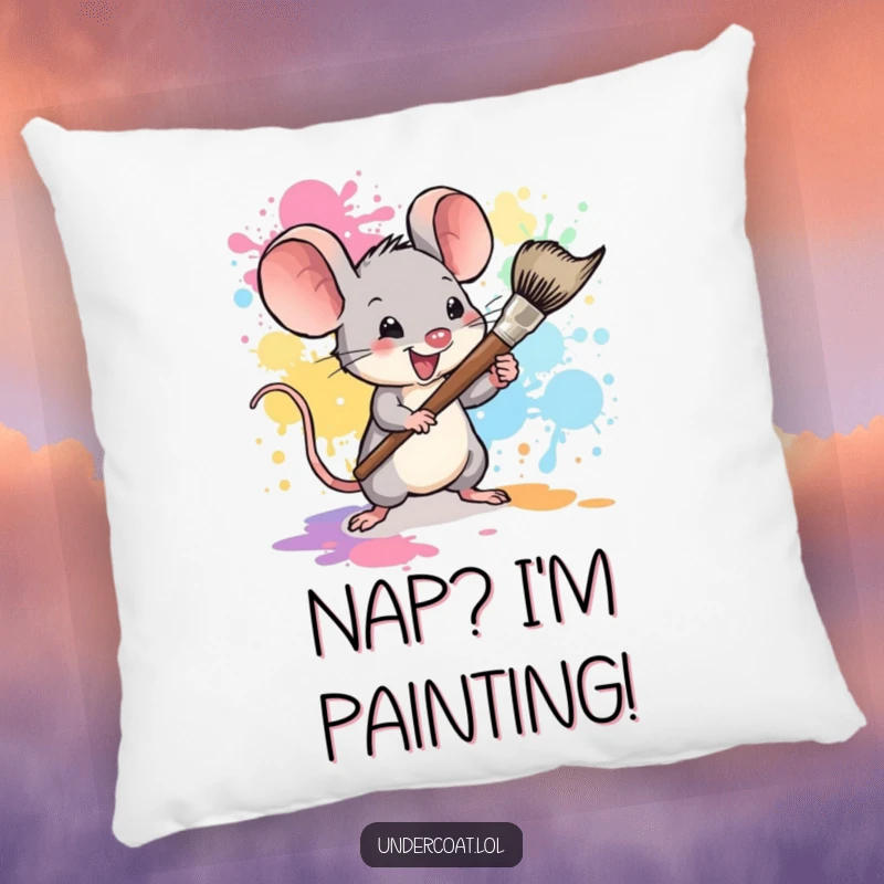 Funny mouse painter pillow, a tiny mouse artist enthusiastically splattering paint with a large brush, plush and decorative.