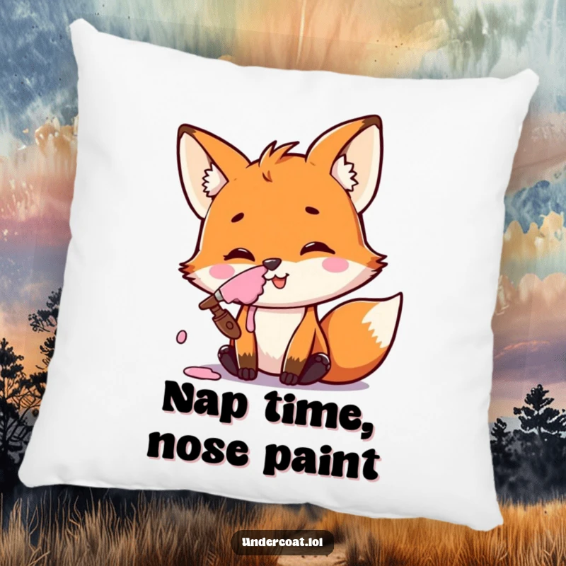 Funny Fox Artist Pillow featuring a mischievous fox smiling with paint on its nose, adding playful comfort to any space.