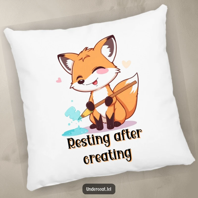 Funny Fox Painter Pillow: A giggling fox artist rests after painting, a huge pastel brush nearby, adding comedic comfort.