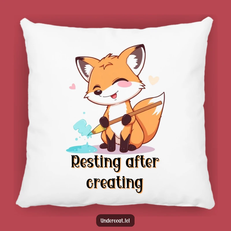 Funny Fox Painter Pillow: Giggling Fox, Oversized Brush, Cozy Art Decor