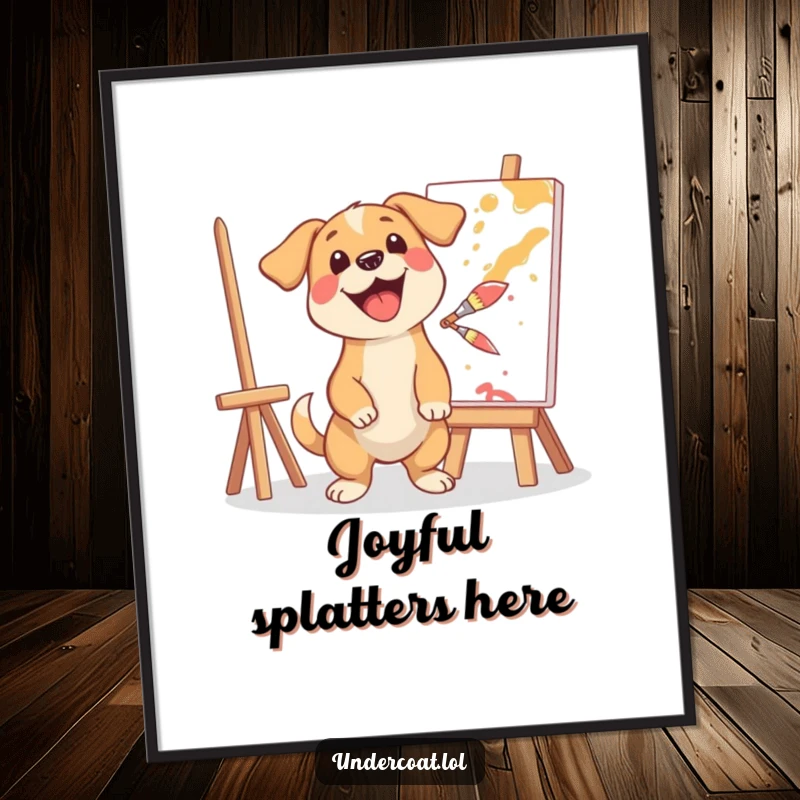 Funny digital art print of a happy dog artist excitedly splashing paint, capturing the joyful chaos of creative expression.