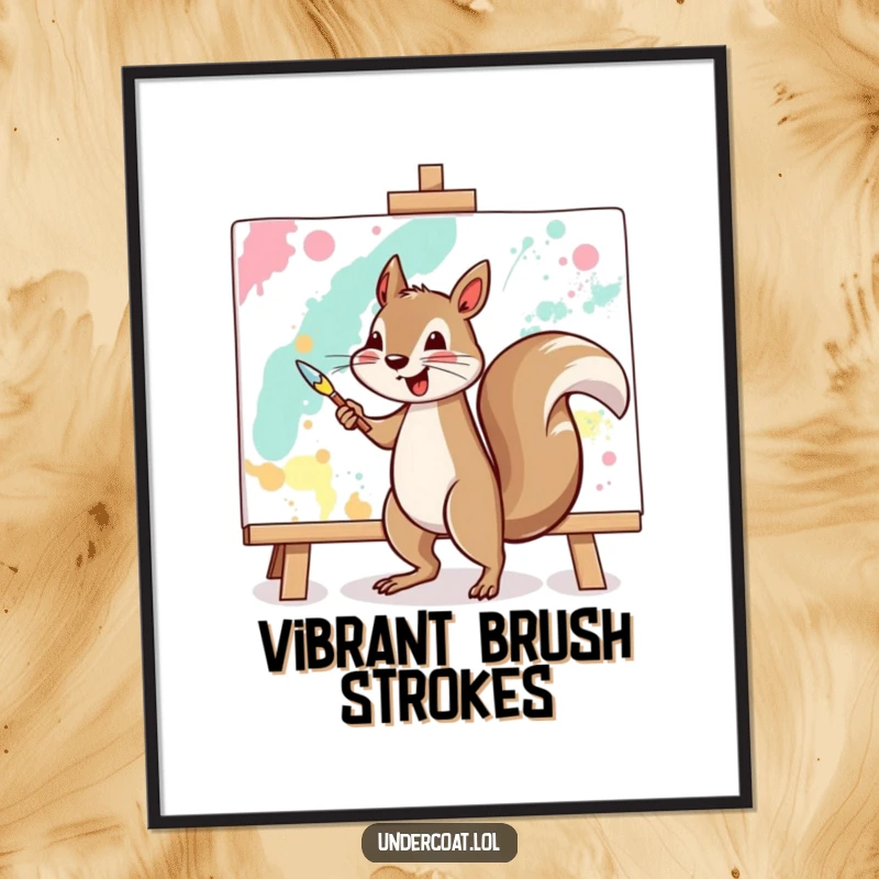 Funny squirrel digital art print of a cheerful squirrel vigorously painting a large abstract canvas, perfect for art lovers.