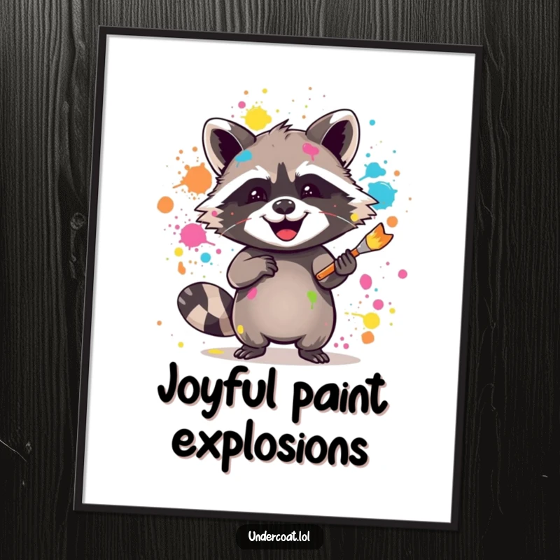 Funny raccoon digital art print of a joyful raccoon splattering vibrant paint with a brush, perfect for colorful decor.