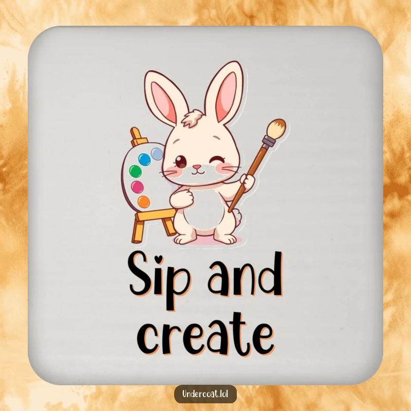 Funny Bunny Artist Coaster featuring a curious bunny with a paintbrush and palette, protecting surfaces with artistic charm.