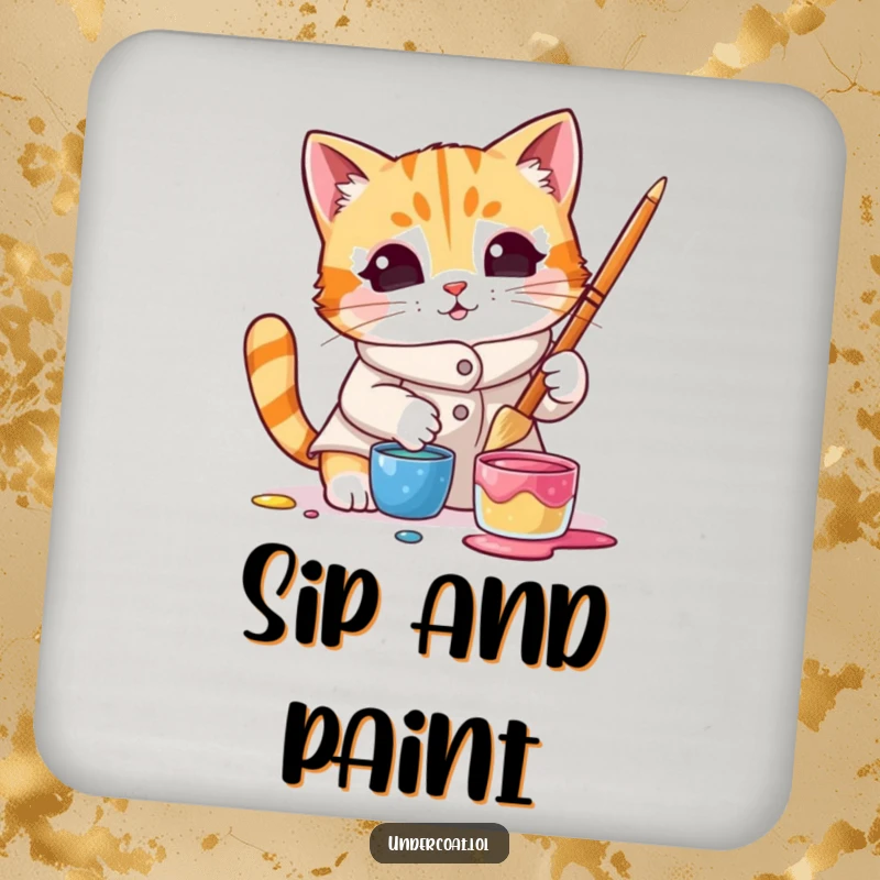 Funny coaster with a curious cat wearing a smock and dipping a brush into paint, offering protection and humorous artistic appeal.
