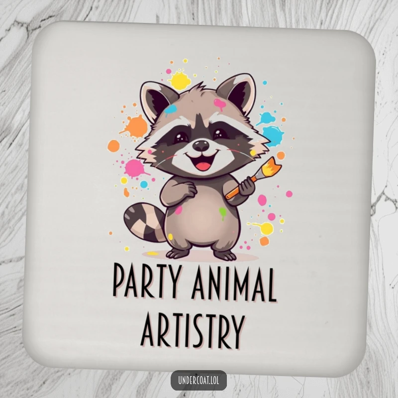 Funny raccoon drink coaster featuring a joyful raccoon splattering vibrant paint with a brush, adding artistic flair.