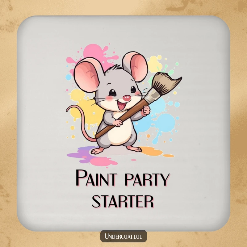 Funny mouse art coaster, a tiny mouse artist splattering color with a paintbrush, protecting surfaces, decorative item.