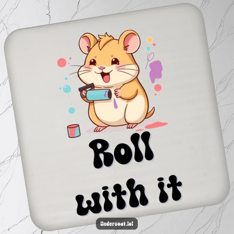 Funny Hamster Artist Coaster featuring a happy hamster creating art with a tiny paint roller, protecting surfaces.