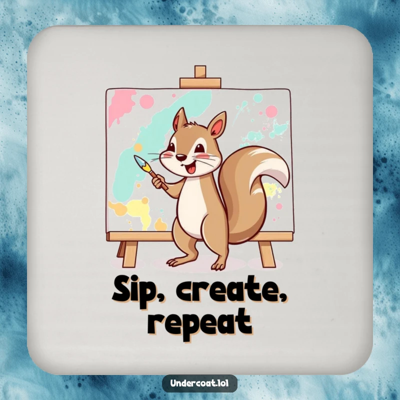 Funny squirrel drink coaster featuring a cheerful squirrel vigorously painting a large abstract canvas, adding artistic humor.