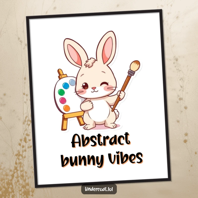 Funny Bunny Artist Poster showcasing a curious bunny character holding a paintbrush, looking intently at a vibrant color palette.