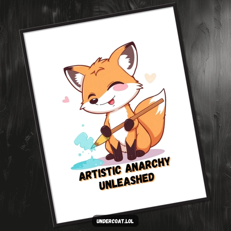 Funny Fox Painter Poster: A laughing fox artist joyfully smears paint with a massive pastel brush, bringing vibrant energy to the wall.