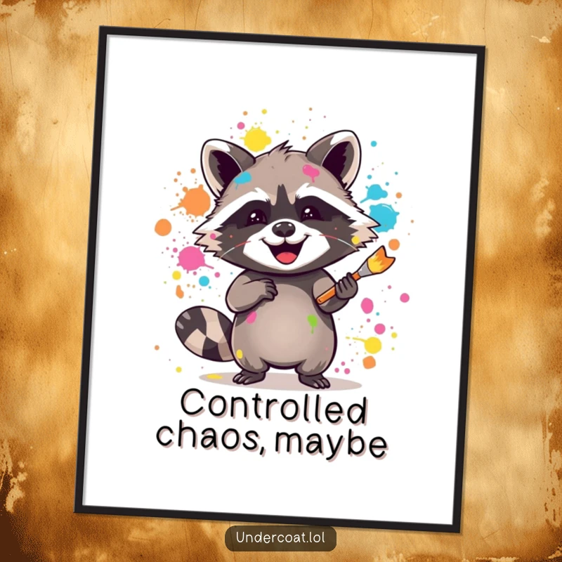 Funny raccoon poster showing a joyful raccoon splattering vibrant paint with a brush, a masterpiece of colorful chaos.