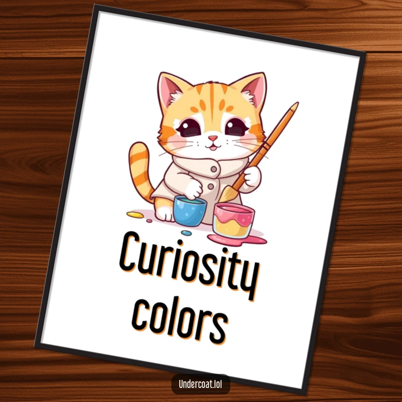 Funny poster art of a curious cat wearing a smock and dipping a brush into paint, showcasing artistic focus and charm.