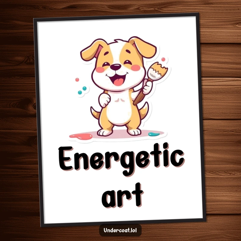Funny Dog Painter Poster showing a playful dog energetically dabbing paint with a large brush, full of artistic zeal.