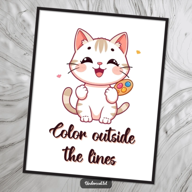 Funny Cat Artist Poster: A happy cat artist poses confidently, balancing a palette overflowing with vivid colors, ready to inspire.