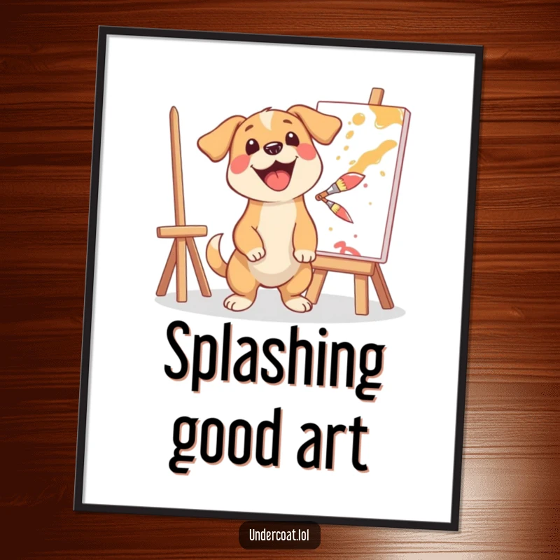 Funny poster art of a happy dog artist excitedly splashing paint onto a canvas, celebrating the joy of creative expression.
