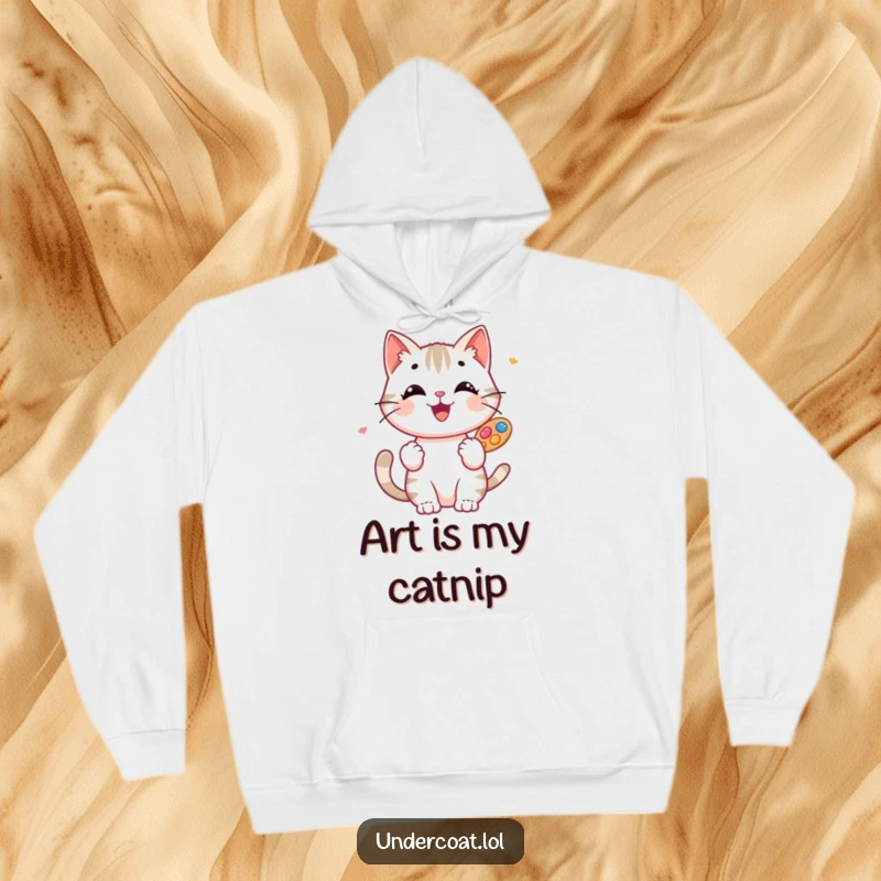 Funny Cat Artist Hoodie: A happy, smiling cat artist holds a palette bursting with colors, embodying creative warmth and comfort.