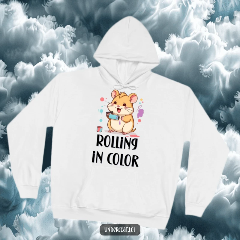 Funny Hamster Artist Hoodie featuring a happy hamster creating abstract art with a tiny paint roller, perfect for cozy creativity.