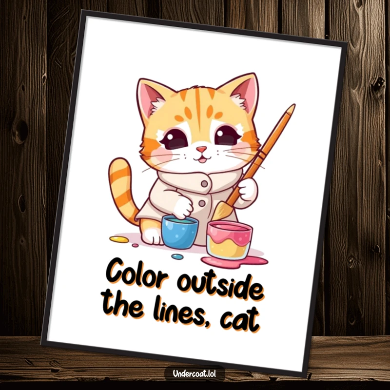 Funny Free Printable Wall Art: A curious cat artist in a smock dips a brush into a vibrant paint pot.