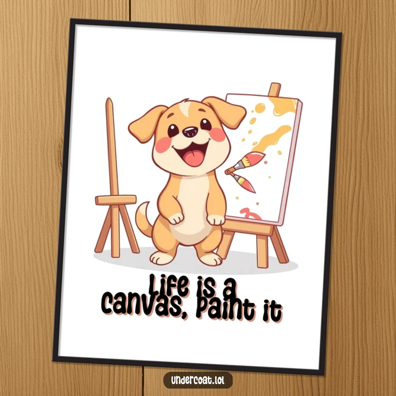 Funny Free Printable Wall Art: A happy dog artist excitedly splashes colorful paint from a brush onto a canvas.