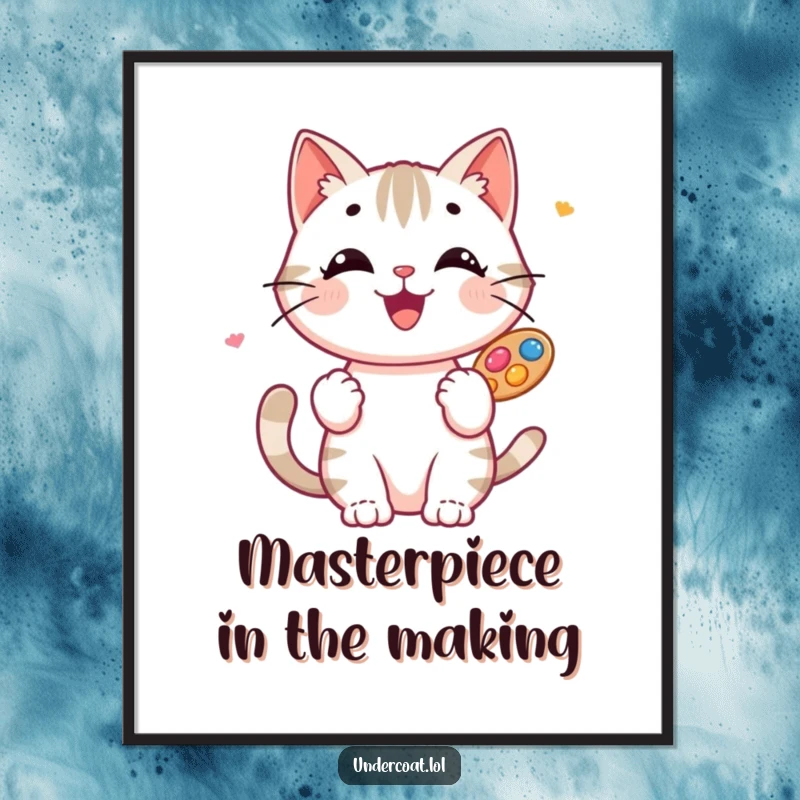 Funny Free Printable Wall Art: A happy cat artist masterfully balances a full paint palette, ready to create an artistic masterpiece.